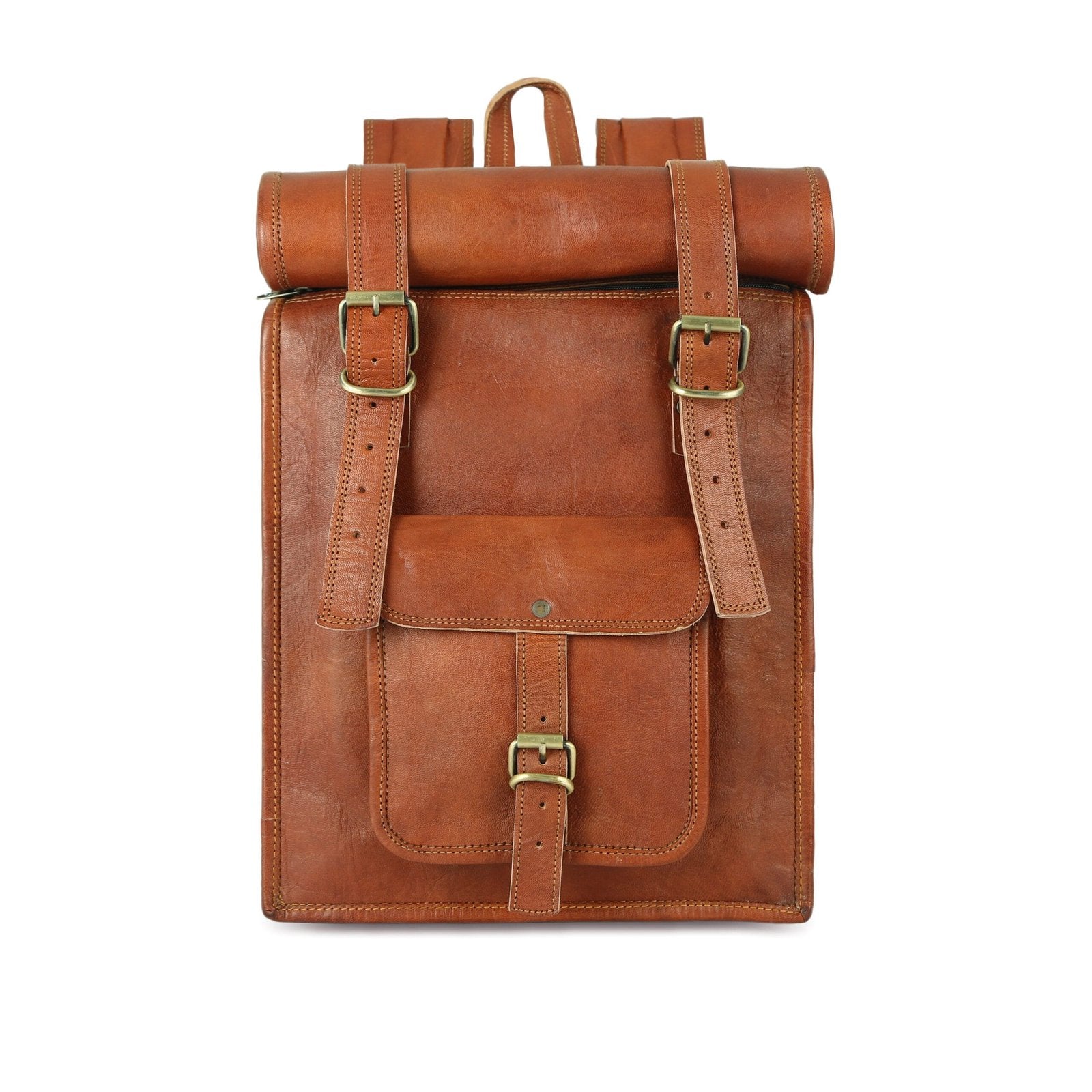 Brown Leather Roll On Backpack